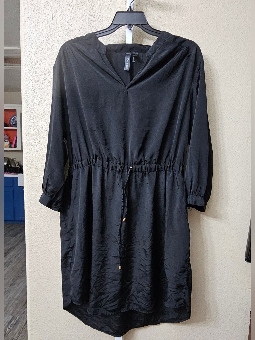 Fun & Flirt Black Long-Sleeve Drawstring Tunic Dress
